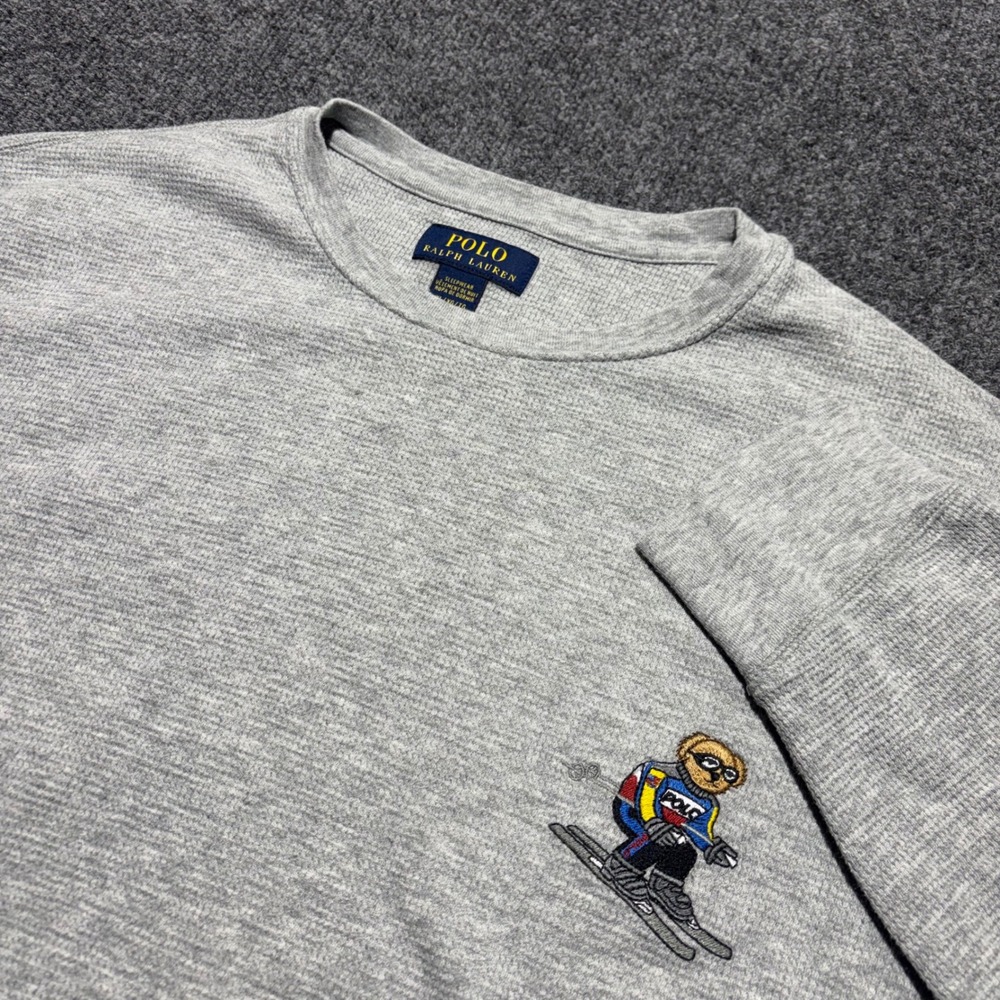 Polo Ralph Lauren Mens XL Grey Waffle Knit Skiing Polo Bear Sleepwear Thermal